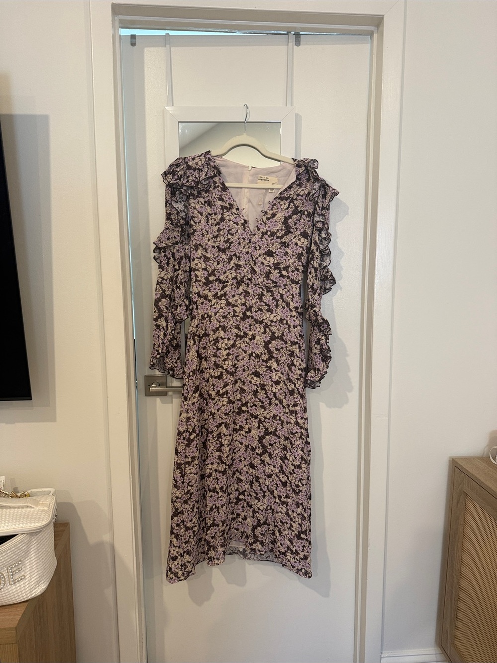 Ted Baker Lavender and Black Floral Ruffle-Sleeve Midi Dress